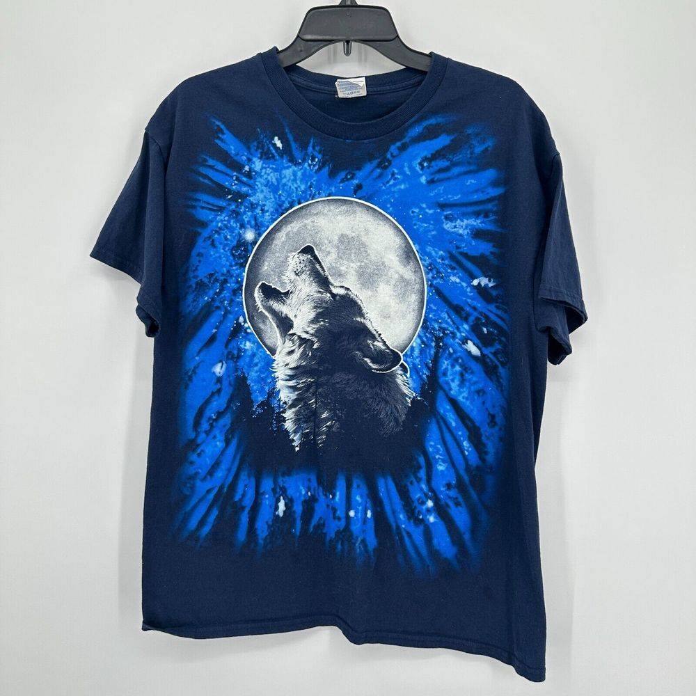 Howling Wolf Graphic Print Tshirt Mens Large Blue White Tee Streetwear Grunge